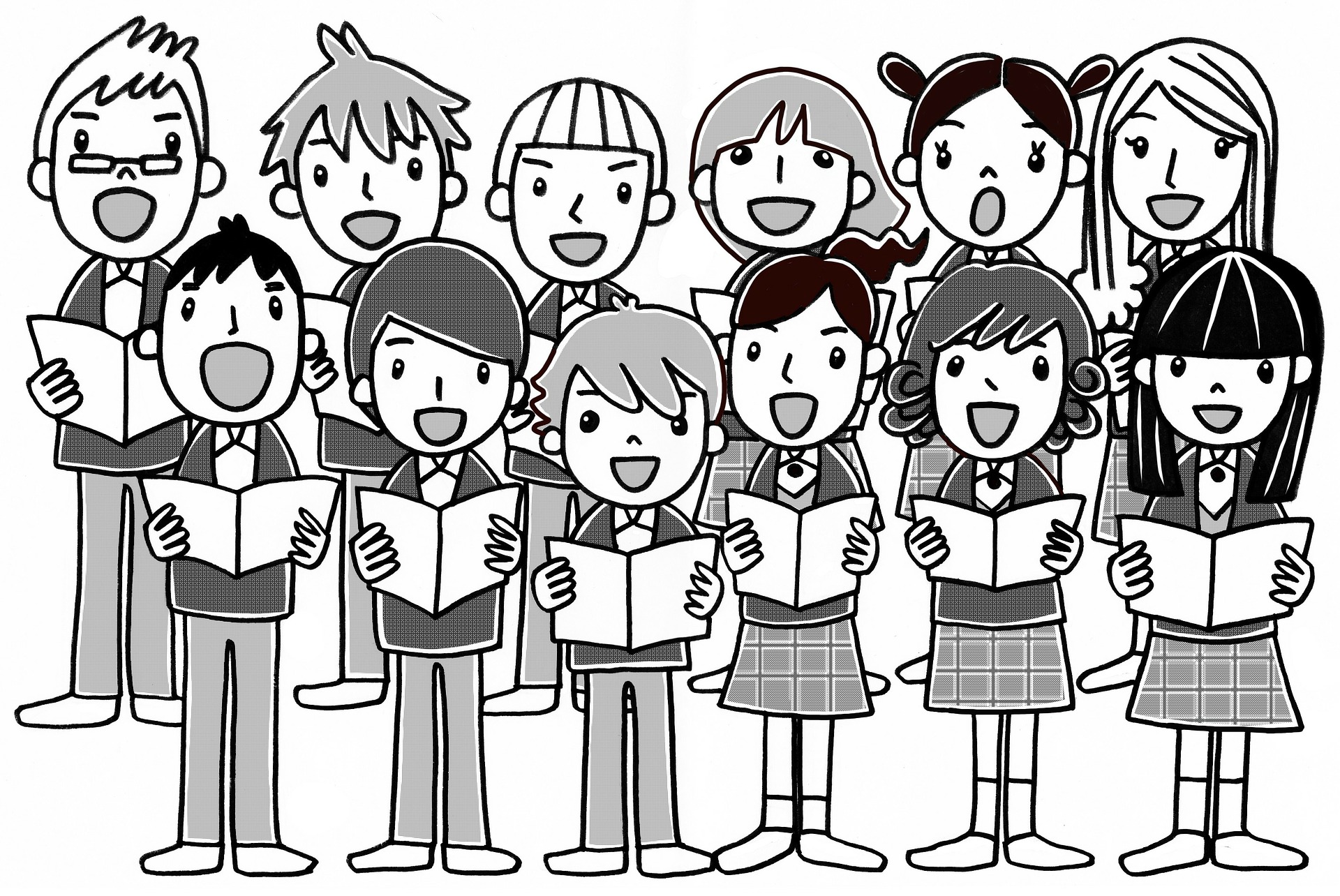 joonistatud pilt koorina laulvatest poistest ja tüdrukutest